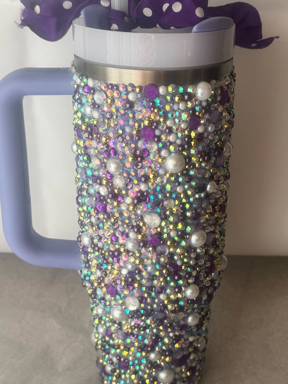 Purple Jeweled Travel Tumbler with Handle - Decorative Rhinestone Accent